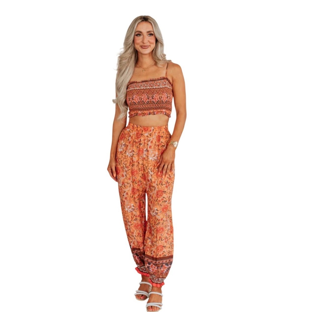 Klesis Womens 2 Piece Boho Floral Smocked Crop Top and Harem Pants Set Orange M